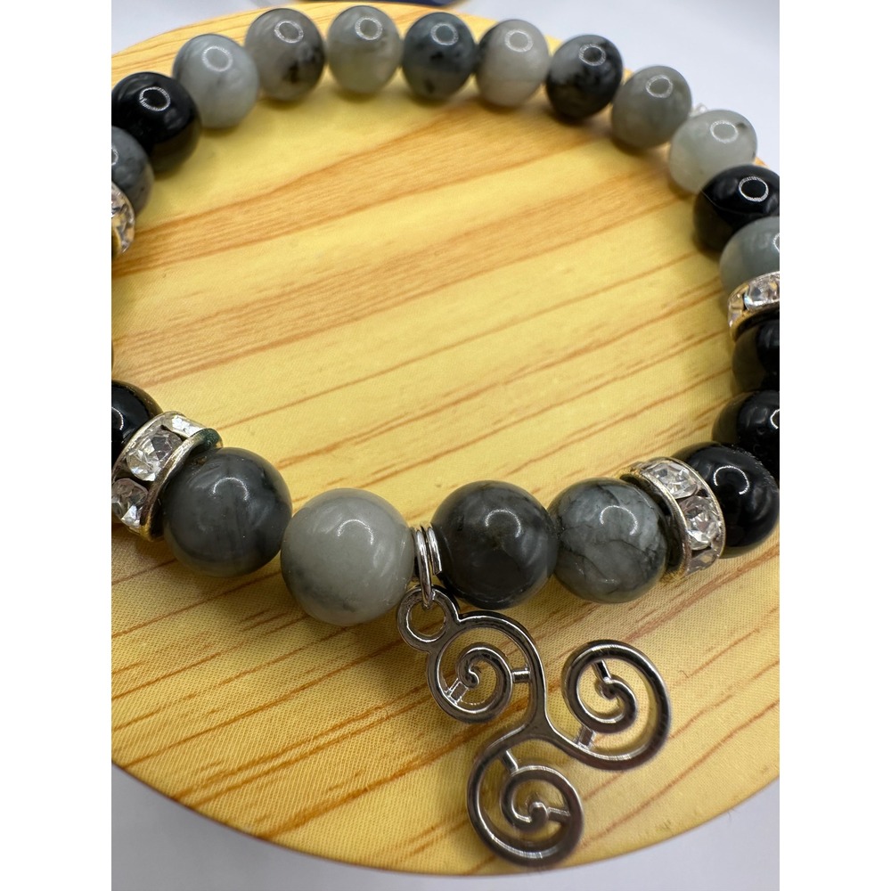 Beaded Stretch Bracelet Celtic Triskele Charm Black Gray Stone Crystal Accents